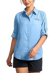 Womens Sun Protection Fishing Shirt with Zipper Pockets Lightweight SPF Long Sleeve Shirts for Hiking Safari Bright Blue XL