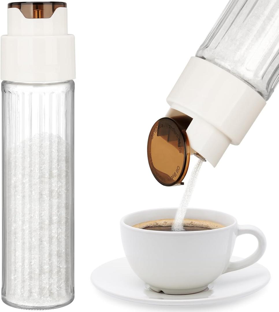 NiHome 16.9 OZ Sugar Dispenser with Automatic Pouring Switch for Home, Kitchen, Coffee Station, Large Capacity Glass Jar for Sugar, Coffee Creamer, Salt, Food-Grade Glass with Anti-Slip Ribbed Design