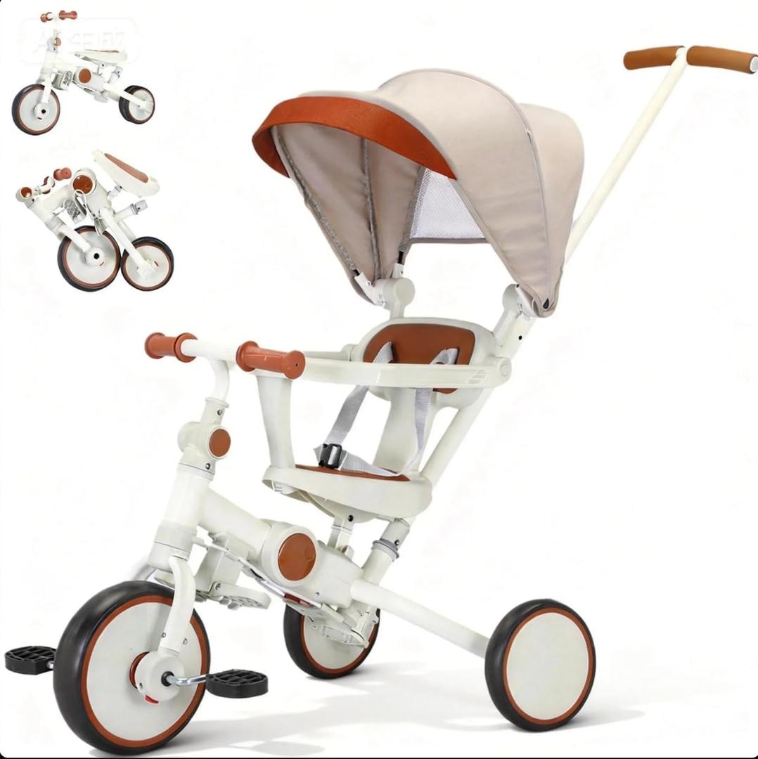 Toddler Push Foldable Tricycle with Canopy, 8 in 1 Balance Trike Baby Bike with Handle Toddler Tricycle for 1-3,Kids Folding Tricycles Chrismas and Birthday Gift for Boy and Girl Trike, One Size