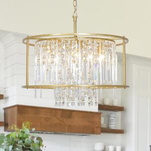 Crystal Farmhouse 24 Inch 6-Lights Gold Chandelier Modern Industrial Pendant Lights Fixture Luxury Contemporary Circular Design for Kitchen Foyer Living Room Hallway Foyer