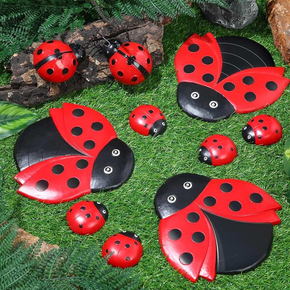 Hollowfly 10 Pcs Ladybugs Stones Decor for Outside Metal Ladybugs Art Lawn Ornaments 3 Size Lively Ladybug Holiday Yard Decorations Ladybug Gifts Mom Gifts Lady Bugs Yard Decorations