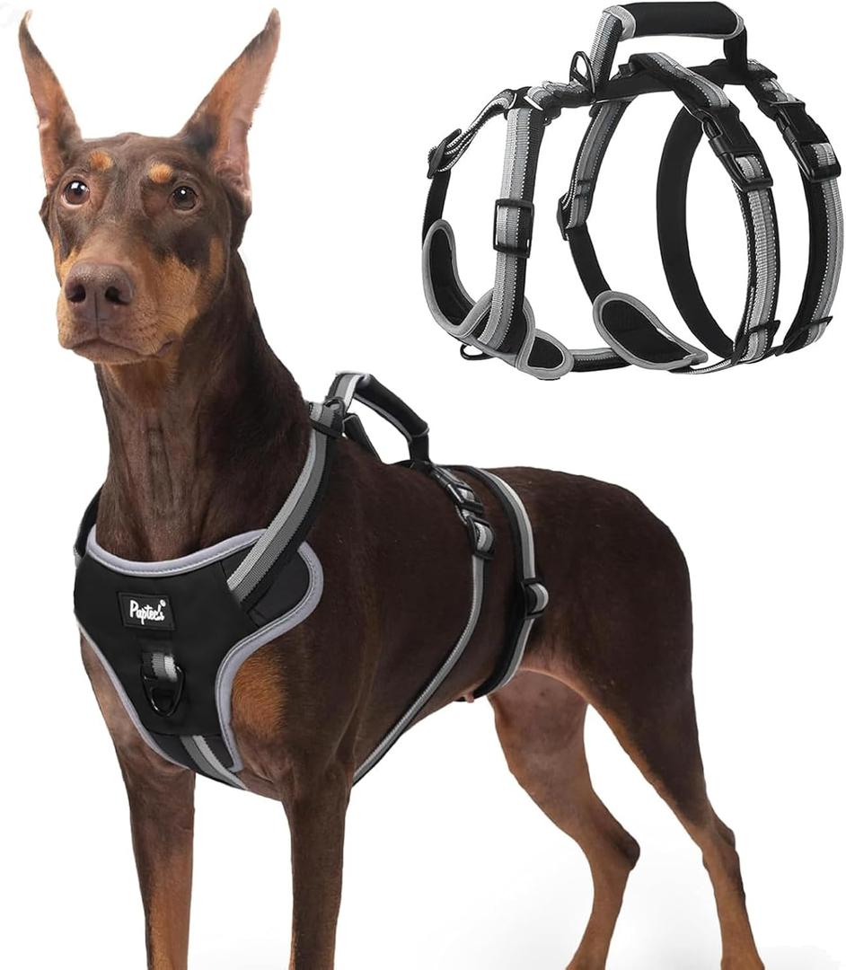 PUPTECK Escape Proof Dog Harness with Padded Handle, No Pull Pet Vest Harness Durable Reflective for Medium Large Dogs Walking Training and Running (Black, Large)