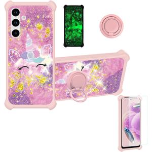Galaxy A35 A55 5G Case Compatible with Samsung Galaxy A35 5G Phone Case Galaxy A55 5G Case Cover [with Tempered Glass Screen Protector][Hard PC + Soft Silicone] [Gold Glitter+Luminous] JSF-DJS