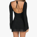 Women's Open Back Long Sleeve Mesh Mini Dress Sexy Boat Neck Flared Hem Short Dresses size L