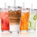 GOSCHE 20oz Glass Tumblers with Straws and Lids, Ribbed Iced Coffee Cups Leak-proof, Dishwasher Safe, Thickened Glass Cups with Lids Ideal for Coffee and Travel, Clear, 4 Pack
