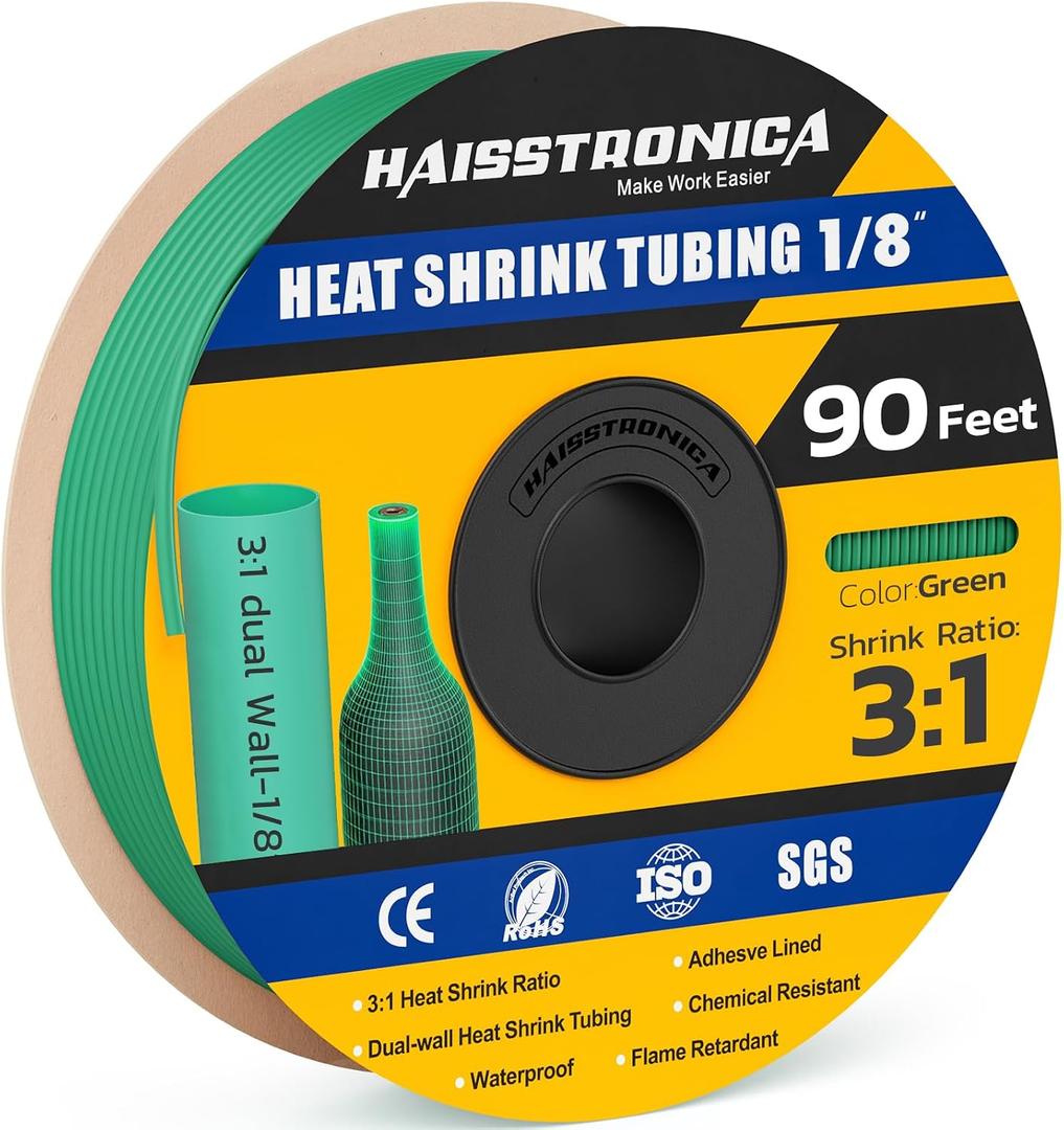 haisstronica 90Ft 3:1 Heat Shrink Tubing Roll 1/8" Green
