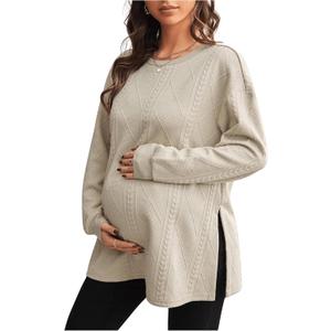 MakeMeChic Women's Maternity Sweatshirt Round Neck Long Sleeve Split Pregnancy Shirt Fall Maternity Clothes Tops (Large, Khaki)