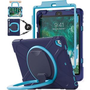 BATYUE Case for iPad 9.7 inch, 2018 iPad 6th Gen, 2017 iPad 5th Gen, iPad Air 2/ iPad Pro 9.7'',Shockproof Protective Cover with Pencil Holder &Rotating Bracket &Shoulder Strap (Navy Blue+Blue)