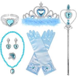 Princess Dress Up Accessories Princess Gloves, BIBUTY 7pcs Dress Up Set for Toddler Girls with Princess Crown, Wand, Gloves, Necklace, Earrings, Bracelet and Ring, Costume Toys for 3-6 yr Little Girls