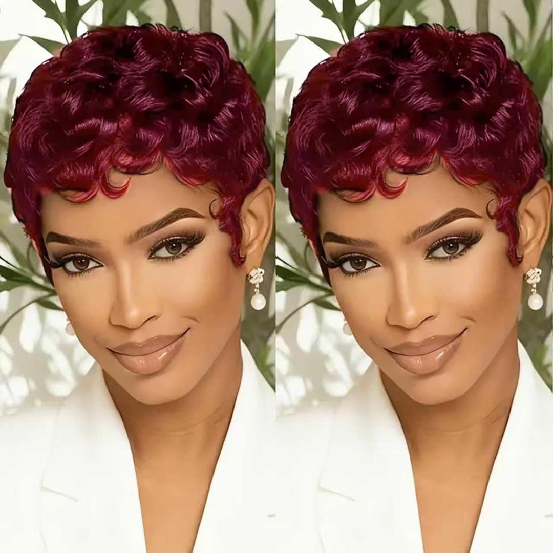 VRZ Short Wigs for Black Women Human Hair Burgundy 99J Chic Glueless Curly Wave Pixie Cut Wig Human Hair Layered Natural Looking None Lace Front Throw On and Go Wigs (S59#PK 99J#)