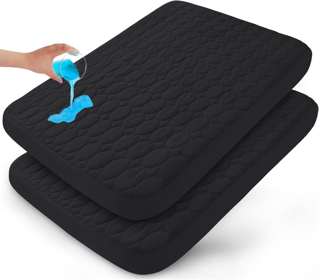Pack and Play Sheets Fitted Quilted Waterproof Protector, 2 Pack Playard Mattress Pad Compatible with Graco Pack n Play, Mattress Cover fits for Baby Playpen Mattress, Mini Crib, Black