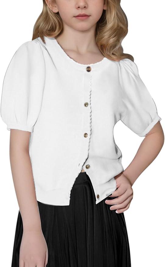 BeautyNee Girls Short Sleeve Cardigan Crew Neck Lightweight Summer Shirts Button Down Knit Shrug Sweater Tops 5-6 
