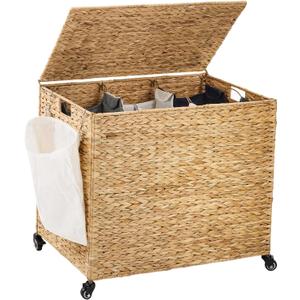 Laundry Hamper with Wheels, 52.8 Gallon(200L) Water Hyacinth Laundry Basket with Lid, 3-Section Wicker Clothes Hamper with 3 Removable Liners, Laundry Sorter with Side Pocket, Natural, 31.5"L x 15.75"W x 25.6"H