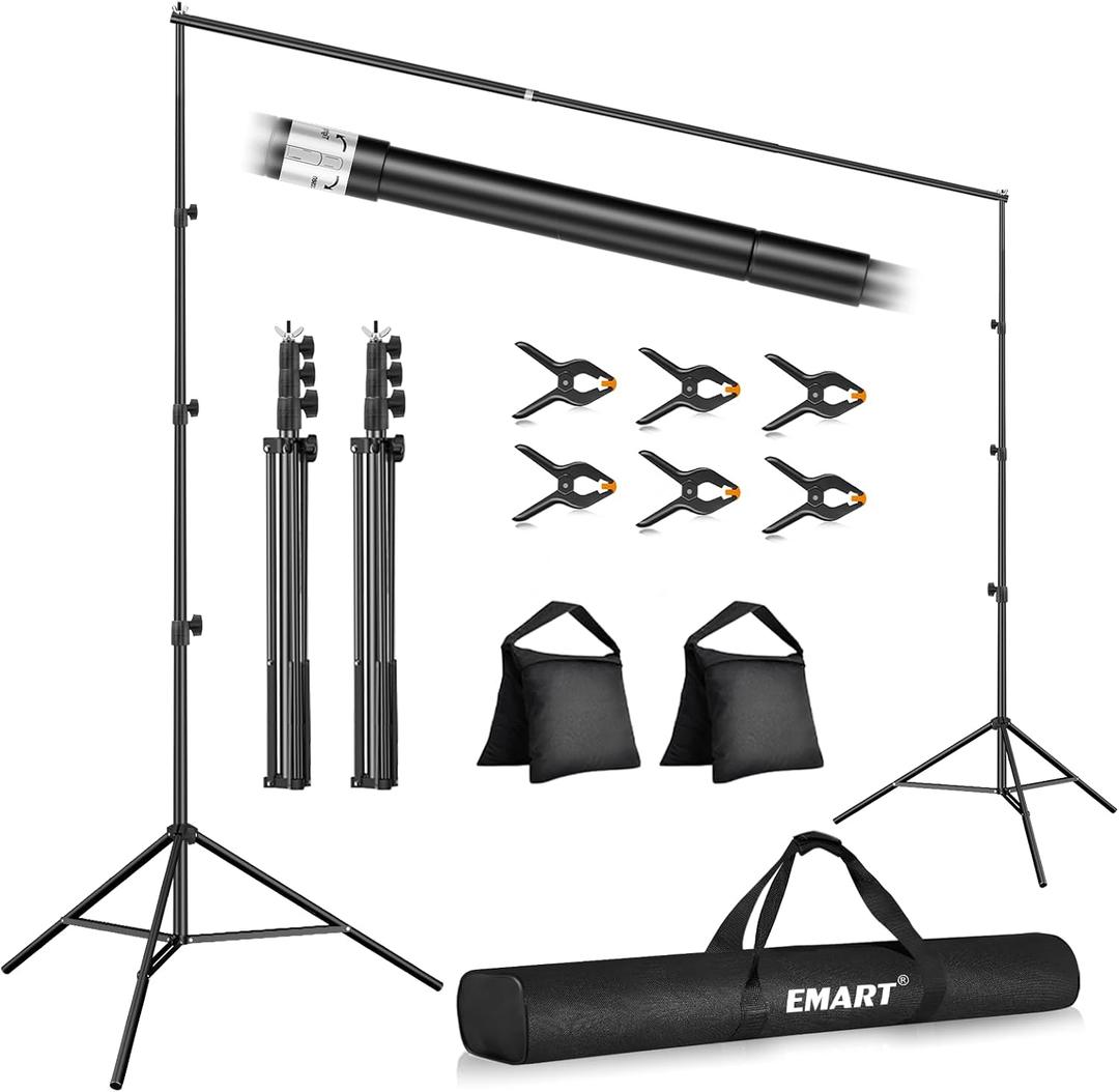EMART 10x10FT Backdrop Stand, Photo Studio Back Drop Adjustable Stand with 6 Backdrop Clamps,2 Sandbags and Carry Bag,Heavy Duty Background Support System Kit for Photography,Parties,Wedding,Video