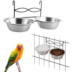 kathson Hanging Bird Bowls for Cage, 2 PCS Stainless Steel Metal Pet Food Water Dishes with Holder Feeder Cage Coop Hook Feeder Cups for Birds, Parrots, Small Sized Dogs and Cats (4.3 Inch Dia)