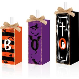 3 Pcs Boo Halloween Sign Wooden Tiered Tray Decor, Witch Black Cat Cross Coffin Table Decor 3D Carving Craft Halloween Decorations Party Tabletop Centerpieces for Home Kitchen Indoor Mantel