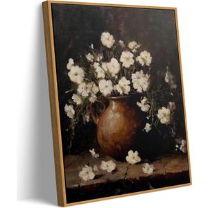 Framed Farmhouse Rustic Flower Wall Art Retro Moody White Floral Canvas Painting Vintage Country Flower Pictures Wall Decor Vintage Still Life Floral Picture Artwork for Living Room Bedroom 12x16 Inch