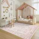 5x7 Washable Area Rug for Living Room&Bedroom, Light Pink Rugs for Girls | Non Slip, Durable Low Pile Carpet, Vintage Carpets for Office, Dining Room, Kids Room and Farmhouse