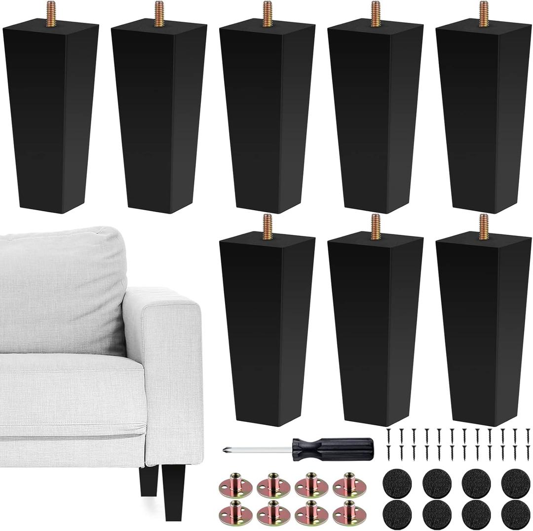 TURSTIN Set of 8 Furniture Legs 6 Inch Square Solid Wood Couch Legs Replacement Sofa Legs Mid Century Furniture Feet for Armchair Bed Dresser Cabinet Include Installation Hardware, Black