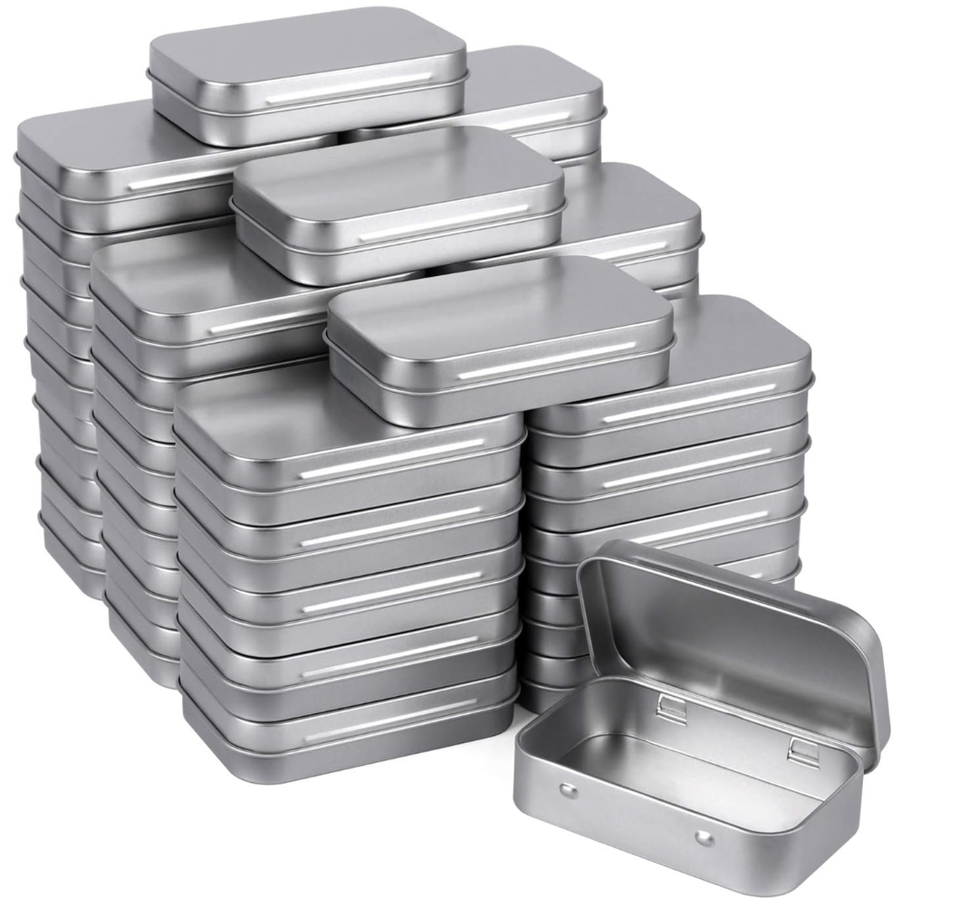 Metal Rectangular Empty Hinged Tins - Pack of 40 Silver Mini Portable Box Small Storage Kit & Home Organizer with lids craft containers 3-1/2''X2-1/2''X4/5''