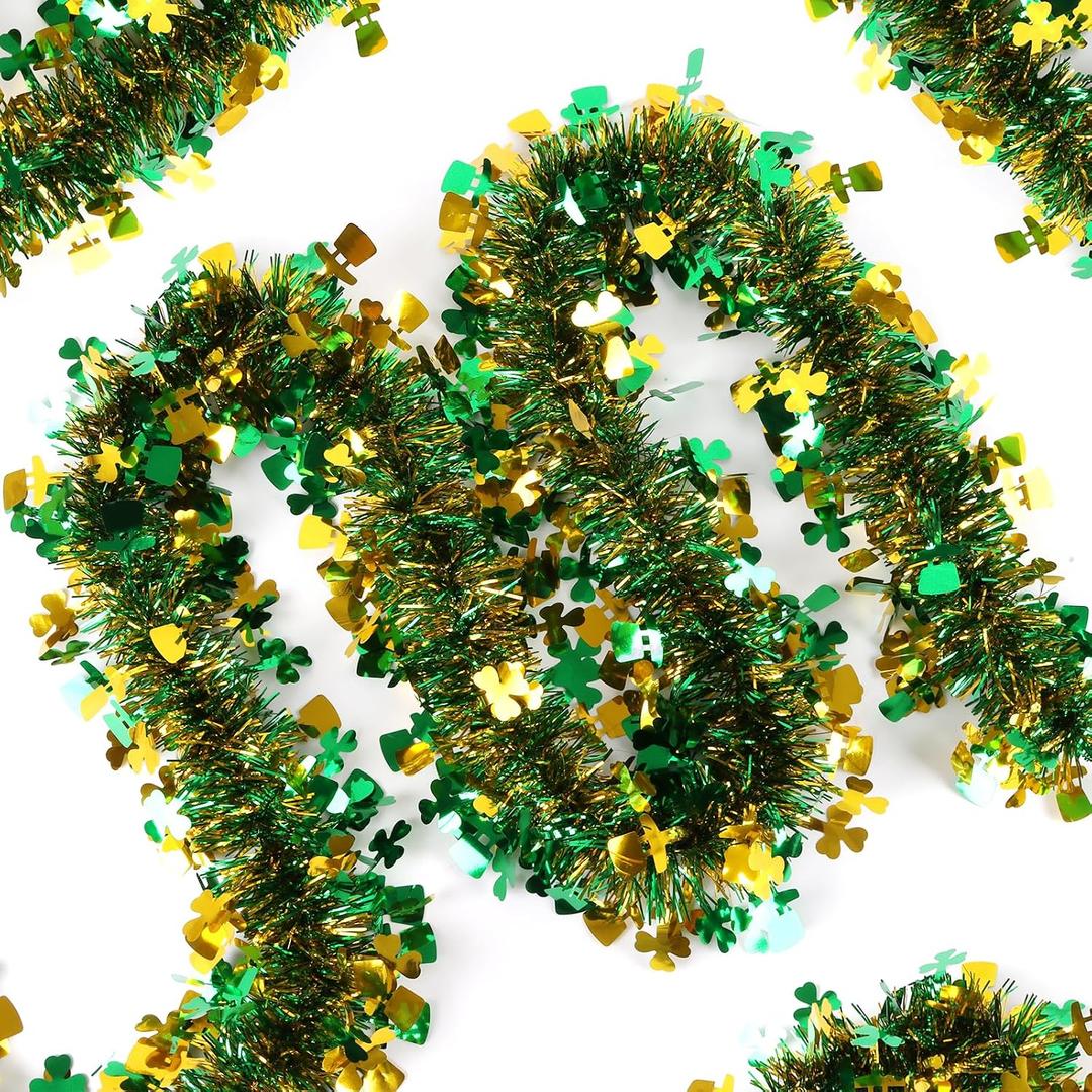 2 x LOAVER 33Ft St. Patrick's Day Tinsel Garland,Green Gold Shamrock Hat Metallic Twist Clover Hanging Garland for St. Patrick's Day Irish Party Tree Home Indoor Outdoor Decor