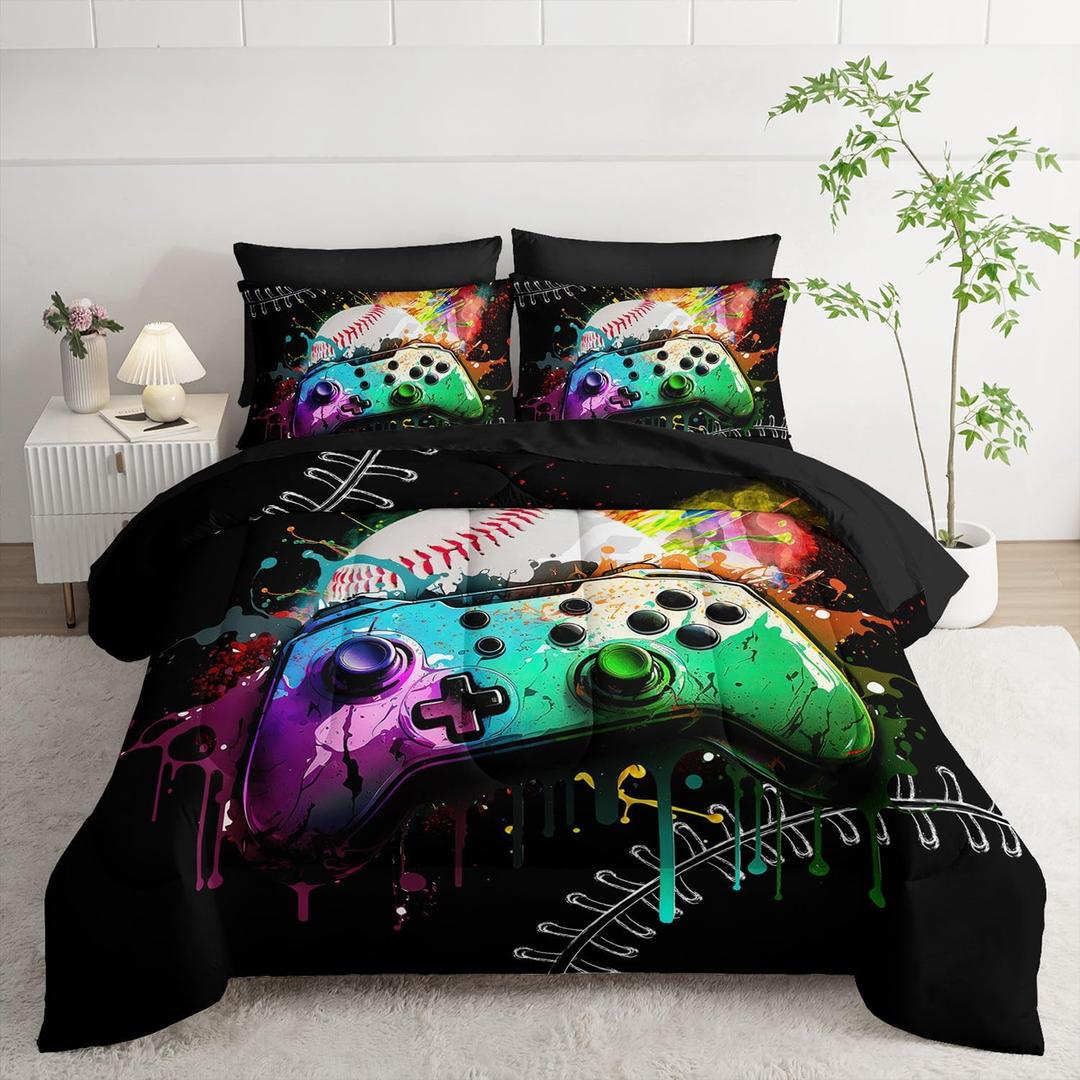 7Pcs Comforter Set Gamepad Baseball Printed Bedding Set with 1 Comforter, 1 Flat Sheet, 1 Fitted Sheet and 4 Pillowcases for Boys and Girls Bedroom (Gamepad-3 Twin
