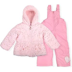 OshKosh Bgosh Baby Girls Hooded Winter Puffer Jacket With Faux Fir Trim, Pink With All-Over Leopard Pattern and Snowbib, S