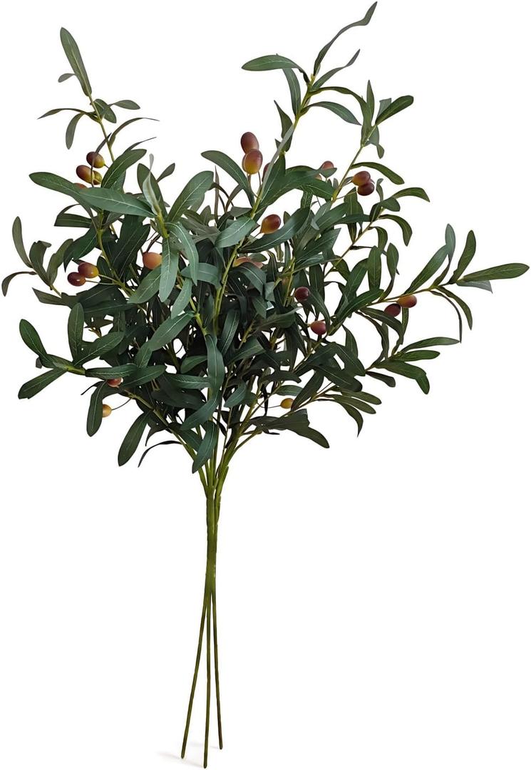 3 PCS 40" Artificial Olive Branches with Fruits, Real Touch Greenery Stems | Faux olive stems with lifelike fruits, ideal for tall vase, home wedding decor, greenery floral arrangement