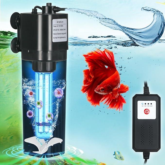 Aquarium UV Filter for 4075 Gal, 211 GPH Swirl Turbo Design Submersible Internal Turtle Fish Tank Filter w/Timer, Quiet Power Pump Air Supply Green Clean Machine Saltwater Freshwater Green Killing