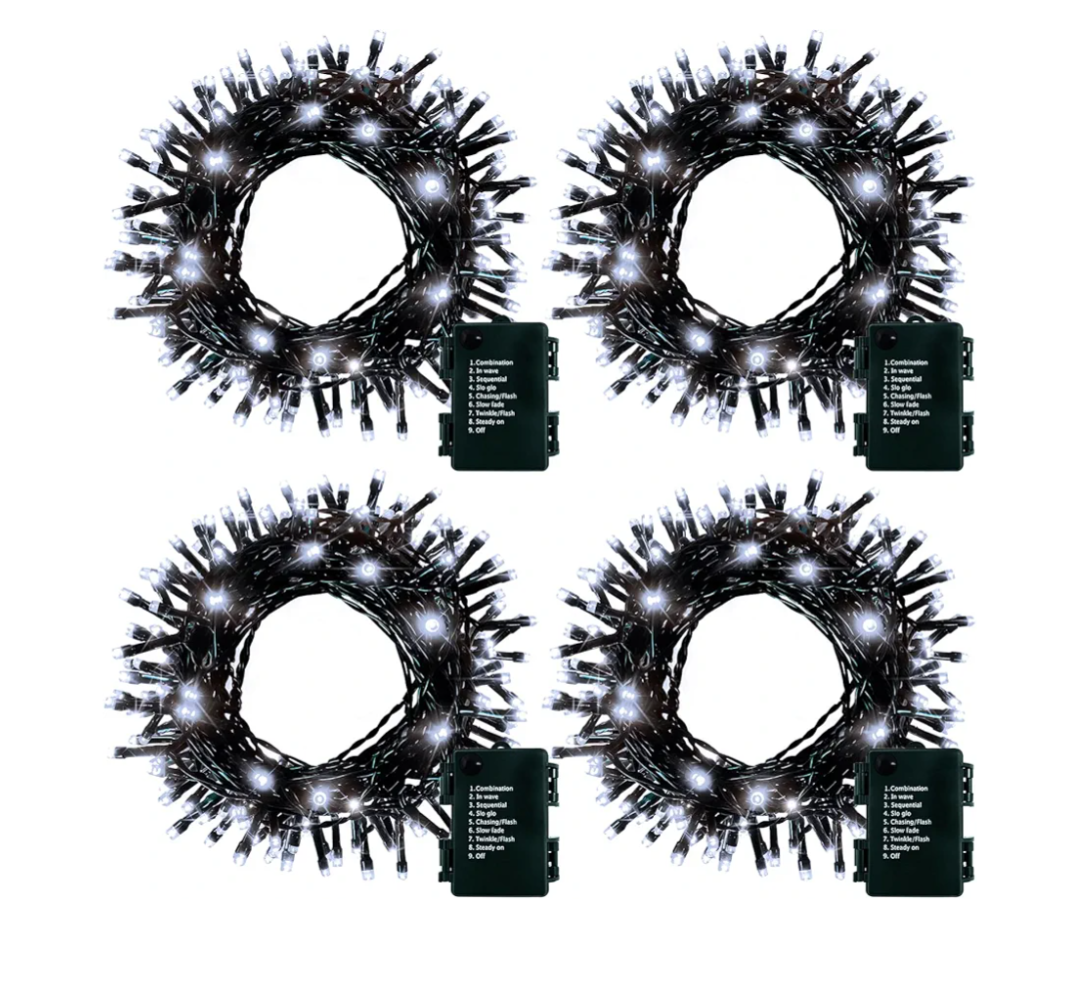 4 Pack Battery Operated Christmas Tree Lights,16.5 Ft String Lights with Auto Timer 8 Modes, 50 LED Wreath String Lights for Indoor Outdoor Xmas Tree Party Decor (Cool White)