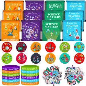Sureio 86 Pcs Science Party Favors Include Science Drawstring Bags Silicone Bracelets Stickers Kawaii Pins for Scientist Birthday Decorations Back to School Classroom Prizes