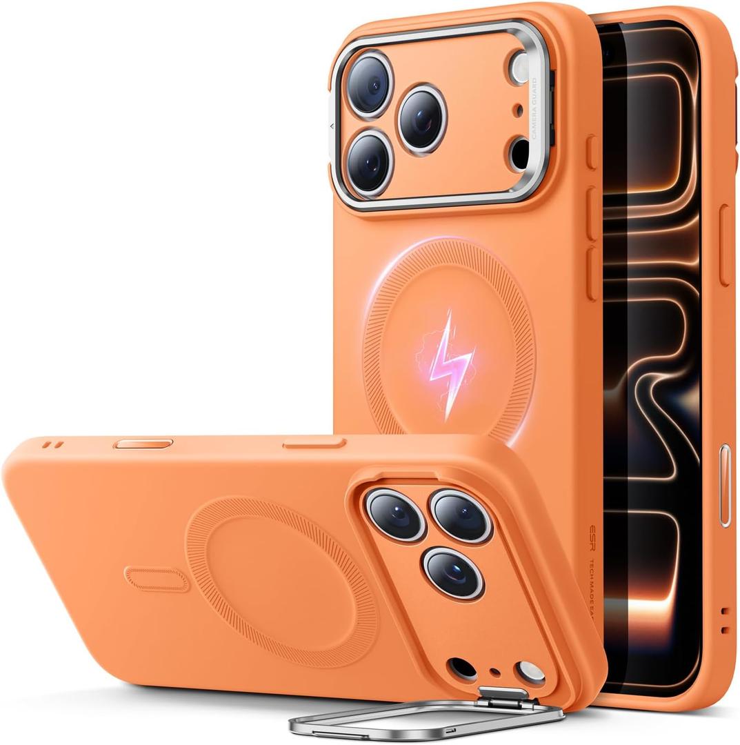 ESR Silicone Case for iPhone 17 Pro Max, Built-in Camera Stash Stand Compatible with MagSafe, Military-Grade Drop Protection Magnetic Phone Case for iPhone 17 Pro Max, Cloud Series, Orange