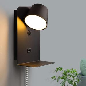 Swing LED Plug In Wall Sconce With Shelf For Bedroom Bedside, Rotatable Metal Reading Wall Lamp With USB Charging Port, 2700K Warm White NightlightModern Contemporary Wall Light Fixture , Black Swing LED Plug In Wall Sconce With Shelf For Bedroom Bedside, Rotatable Metal Reading Wall Lamp With USB Charging Port, 2700K Warm White NightlightModern Contemporary Wall Light Fixture , Black