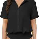 TQD Women Button Down Bodysuit Long Sleeve Collared Shirt Satin Blouse Bodysuits Tops Business Casual Office Professional (Small, Short Sleeve-black)