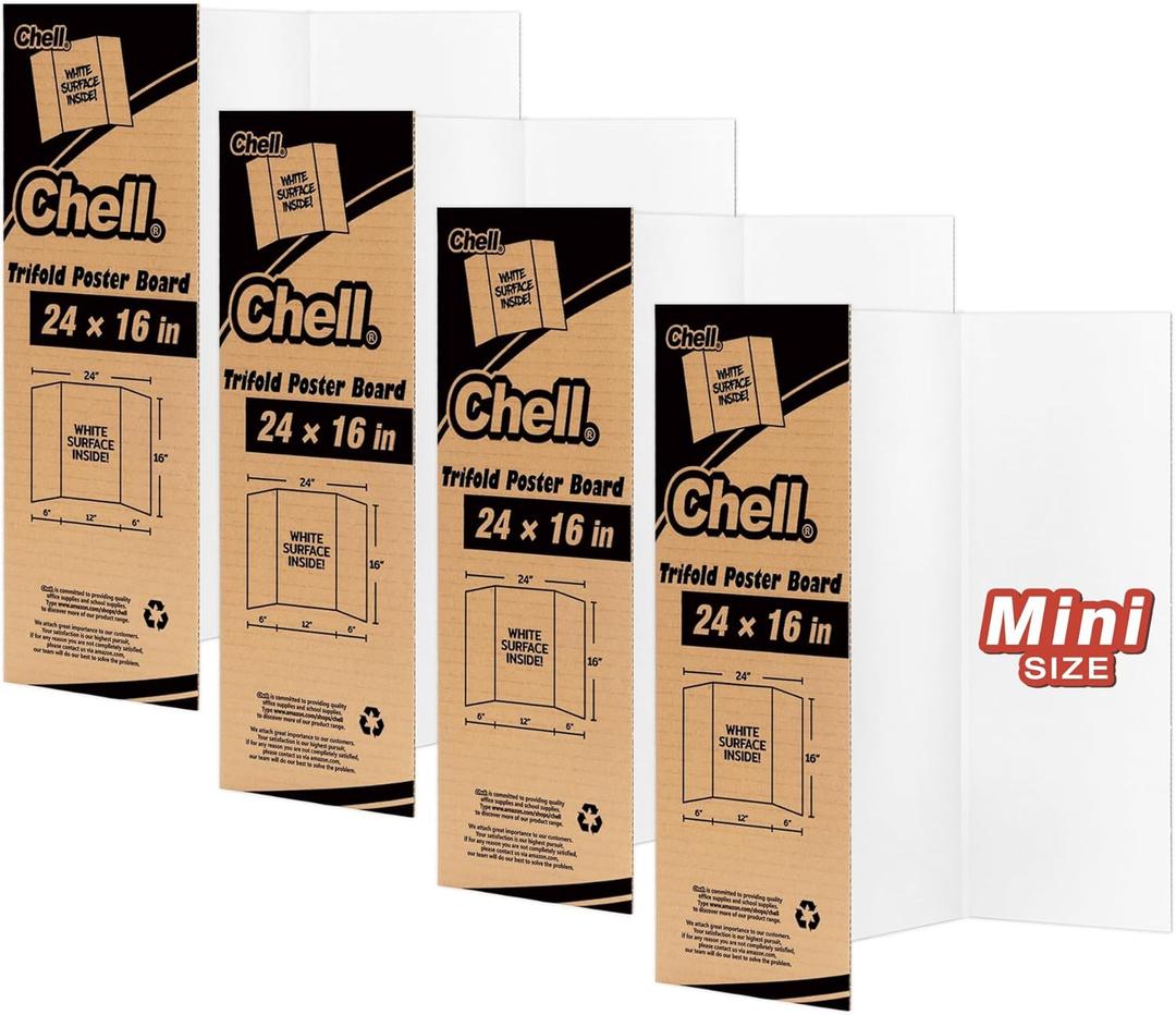 Chell Mini Size Trifold Poster Board, 16" x 24", Small Corrugated Project Boards, White, 4 Pack