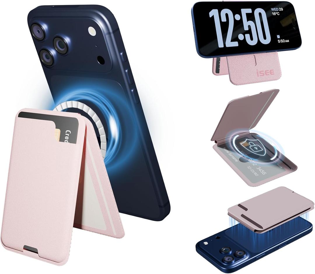 isee 2025 Upgraded MagSafe Wallet for iPhone 17/16/15/14/13/12, Powerful Magnetic, 5-Card Capacity, RFID Blocking, MagSafe Sticker Included, Lightweight Adjustable Card Holder, Light Pink