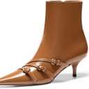 Coutgo Womens Buckle Strap Ankle Booties Kitten Low Heel Pointed Toe Y2K Boots Side Zipper Fall Shoes (8, Brown)
