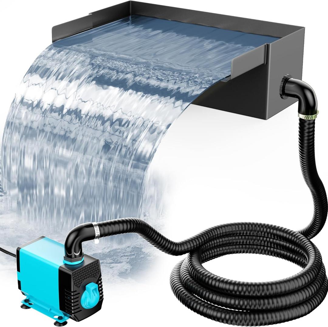POPOSOAP Pond Waterfall with Pump Kit, 304 Stainless Steel Waterfall Spillway with 40W 660GPH Pump, Pond Spillway with 9.8FT Corrugated Tubing for Garden (12inch)-P43 (12inch-Corded Electric)