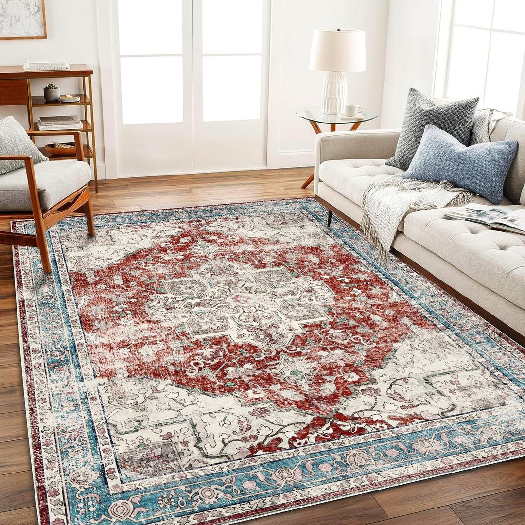 Washable Area Rug 8'x10' Red Blue Retro Boho Design Non-Shedding Non-Slip Easy Care Ideal for High Traffic Areas in Living Room Bedroom Office Coffee Table Kitchen Large Carpet (8' x 10' (Rectangular), Red and Blue)