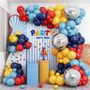 Jobkoo Red Blue Yellow Balloon Arch Kit with 4D Silver Ball Foil Balloons, Dusty Navy Blue Red Yellow Latex Balloons Garland for Carnival Circus Birthday Baby Shower Party Decorations