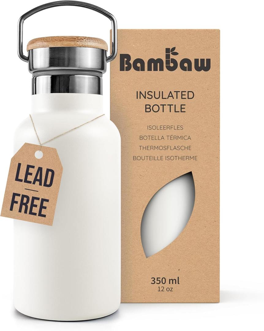 Bambaw Insulated Water Bottle 350ml, White Water Bottle, Stainless Steel Water Bottle, Leakproof Water Bottle, White Metal Water Bottle, 350ml Insulated Water Bottle  Polar White