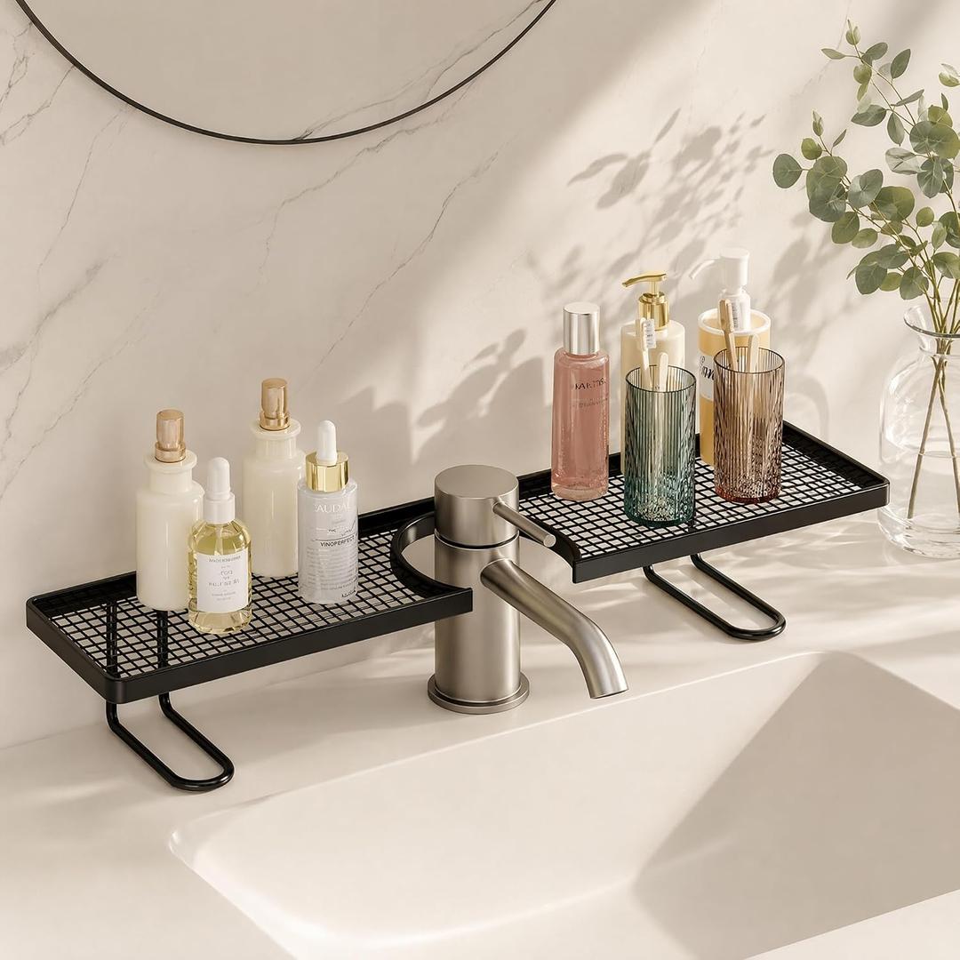 No-Drill Over Sink Organizer Rack, Freestanding Carbon Steel Faucet Storage Caddy, Tool-Free Bathroom Countertop Shelf, Space-Saving Sink Organizer with Quick Drainage (Black)