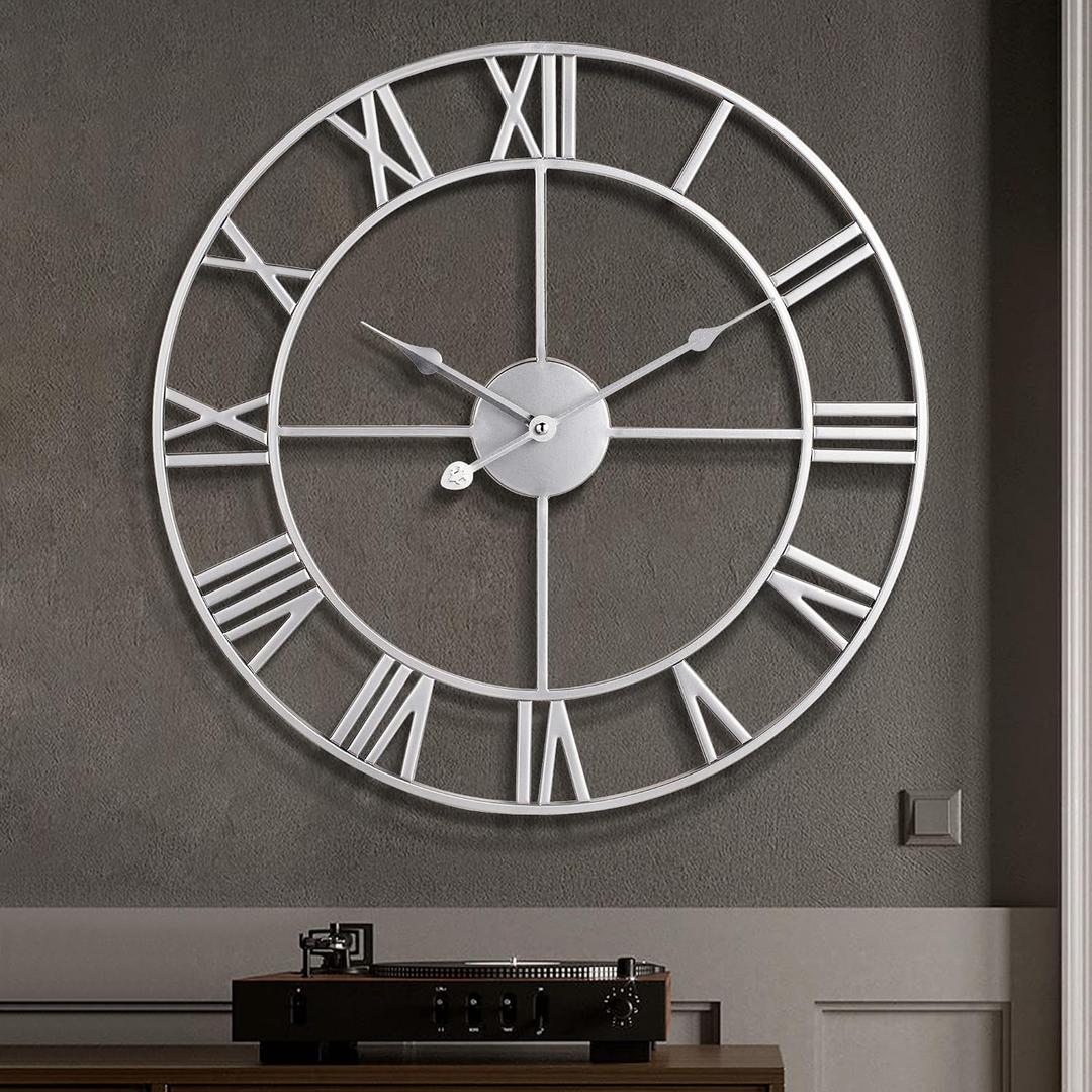 1st owned Large Wall Clock Silent Non-Ticking Roman Numerals Vintage Battery Operated (16inch) Farmhouse Wall Clock for Living Room, Bedroom, Kitchen, Cafe Decor-Silver 16inch