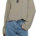Women Long Sleeve Striped Shirt Polo Neck Drop Shoulder Loose Sweatshirt Pullover Sweater Top Streetwear Fall Winter (Large, Dark Blue)