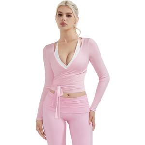 SUUKSESS Women Pilates Wrap Workout Cropped Top Ribbed Long Sleeve V Neck Tie Front Ballet Yoga Shrug Blouse (X-Small, Pink)