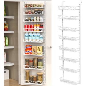 Over The Door Pantry Organizer, 8-Tier Wood & Metal Over The Door Organizer with Adjustable Basket, Hanging Spice Rack, Door Organization and Storage for Kitchen Pantry Door Cabinet, White