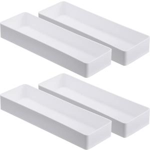 4 Pack Plastic Drawer Organizer 9.5 x 3 x 1.4 Inch Tabletop Organizer Tray Stationery Holder White Half Accessory Tray Stackable Storage Container for Vanity Office Home Utensils Gadgets Shelf Kitchen