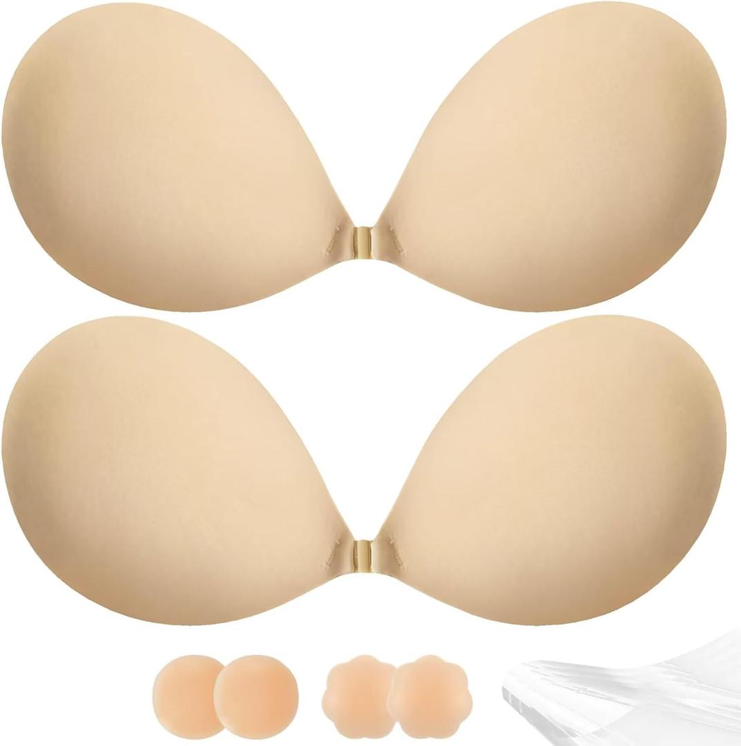 Adhesive Bra Push Up for Women 2 Pair, Sticky Invisible Lifting Bra, Backless Strapless Bras for Dress with Pasties (Nude+nude, F)