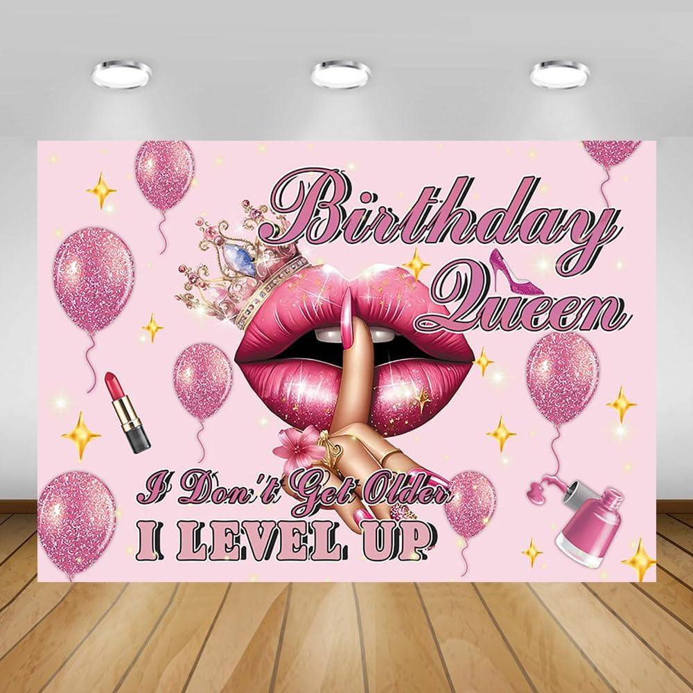 AIBIIN 7x5ft Birthday Queen Backdrop I Don't Get Older I Level Up Photography Background Pink Birthday Decorations for Women Queen Themed Party Supplies