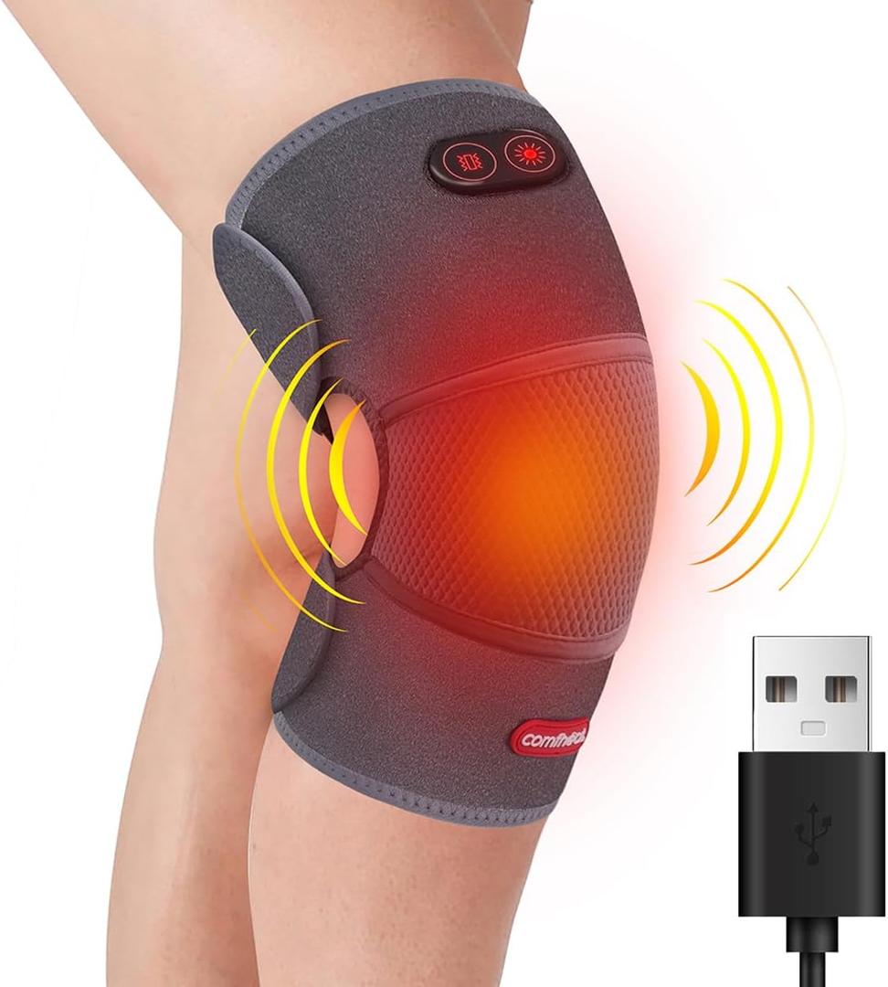 Heated Knee Brace Wrap with Vibration Massage USB Powered Knee Massager for Joint Arthritis Pain Relief Warm Compress Knee Heating Pad (Non-Chargeable)